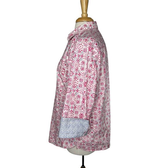 FOXCROFT Batik Print Button Up Easy Care Shirt Size XL Womens Pink Blue White - Picture 2 of 10